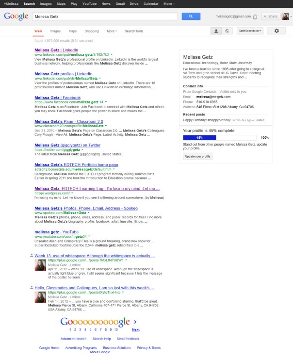 image of links using my name as search in Google